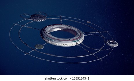 Huge Space Station, Futuristic Habitat In Outer Space (3d Science Fiction Illustration)