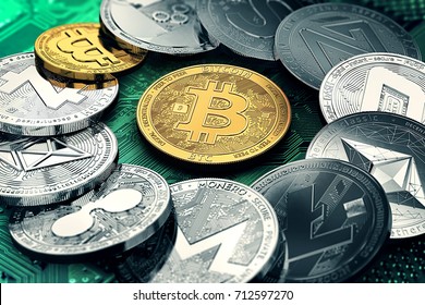 Huge stack of cryptocurrencies in a circle with a golden bitcoin in the middle. Bitcoin as most important cryptocurrency concept. 3D illustration