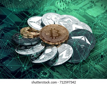 Huge stack of cryptocurrencies in a circle with a golden bitcoin in the middle. Different cryptocurrencies concept. 3D illustration