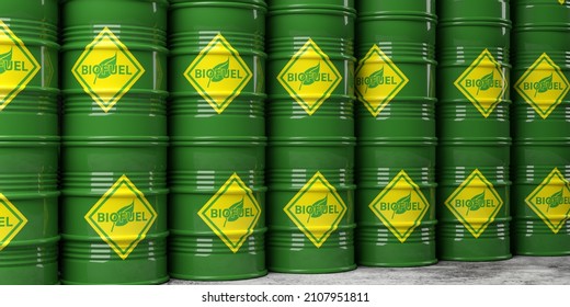 Huge stack of green bio fuel or bio diesel barrels background on concrete floor, alternative or renewable energy concept, 3D illustration