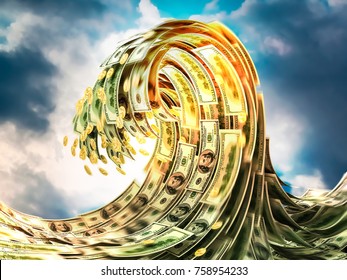 Huge tsunami wave of gold coins and dollars. 3d illustration