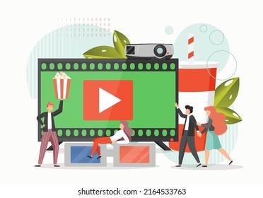 Huge tv set with film strip and video play symbol on screen, characters with popcorn, 3d glasses. flat illustration. Watch tv, movie, cinema and entertainment industry, film festival concept. - Powered by Shutterstock