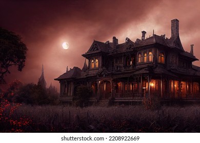 A Huge Victorian House Of Terror, With A Fullmoon In The Dark With Candlelight. Halloween Theme Of Horror House In The Dark. 3D Illustration And Fantasy Digital Painting.