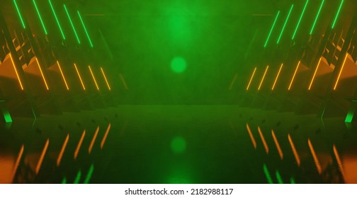 Huge Virtual Showroom Club Hallway With Light And Smoke Green Banner Background Wallpaper 3D Rendering