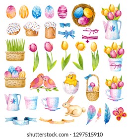 A Huge Watercolor Easter Set Of Isolated Elements On A White Background - Easter Eggs, Rabbit, Chickens, Spring Flowers - Tulips, Butterfly, Easter Cakes And Feathers. Beautiful Clipart.