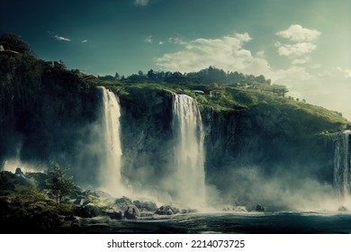 A Huge Waterfall From A Cliff On A Grassy Landscape