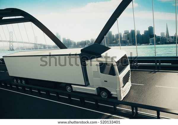 Huge white truck on road. City\
background. 3D Rendering. Cargo and freight\
concept