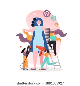 Huge woman and micro characters hairdressers curling her hair using hair curlers, illustration. Beauty salon services concept for web banner, website page etc. - Powered by Shutterstock