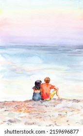 Hugging couple at sea beach  Two people enjoy water landscape    lake ocean    in romantic travel  Watercolor painted drawing beautiful landscape view