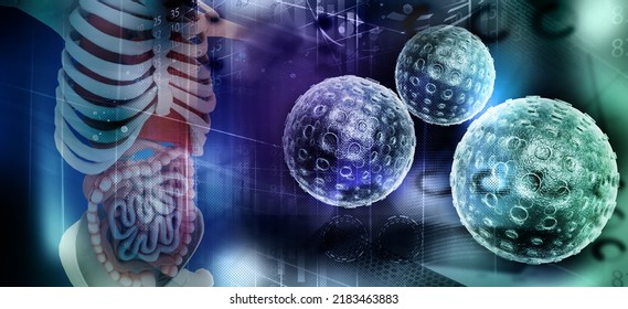human anatomy system with virus cell, digital illustration 3d man anatomy and virus cell