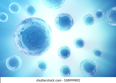 Human or animal cells on blue background. Medicine scientific concept. 3d rendering
