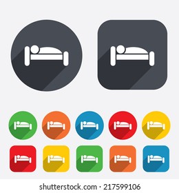 Human In Bed Sign Icon. Travel Rest Place. Sleeper Symbol. Circles And Rounded Squares 12 Buttons.