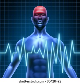 Human Body With A Head Ache Of The Brain With A Migraine And Stroke Accident Caused By Poor Circulation Representing Neurology With Heart Blood Health Problems.