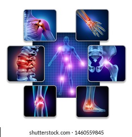 Human body joint pain concept as skeleton and muscle anatomy of the body with a group of sore joints as a painful injury and medical symptoms with 3D illustration elements.