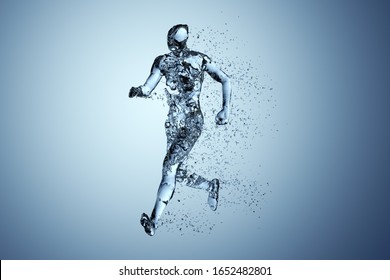 Human body shape of a running man filled with blue water on blue gradient background - sport or fitness hydration, healthy lifestyle or wellness concept, 3D illustration