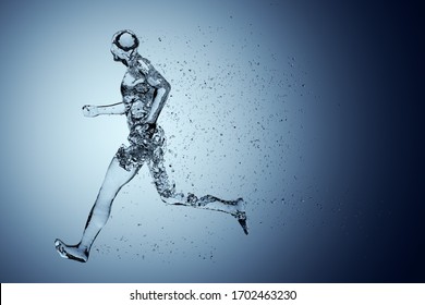 Human Body Shape Of A Running Man Filled With Blue Water On Blue Gradient Background - Sport Or Fitness Hydration, Healthy Lifestyle Or Wellness Concept, 3D Illustration