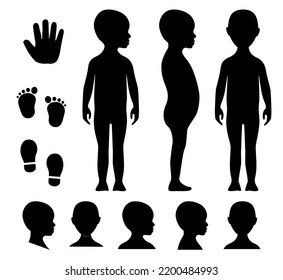 Human Body Silhouette Of A Bald Naked Barefoot Kid. Anonymous Child Head Avatar. Palm Hand, Bare Feet And Shoe Trace.
