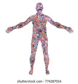 Human body silhouette made from bacteria, 3D illustration. Concept for human microbiome or disease-causing microbes