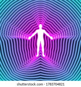 human body soul aura neon glow blue and pink black background silhouette chakra vital energy concept mind esotericism psychology