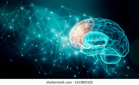 Human brain activity with plexus lines.. External cerebral connections in the frontal lobe. Communication, psychology, artificial intelligence or AI,  cognition concepts illustration with copy space