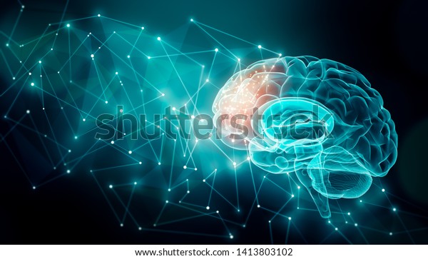 Human brain activity with plexus lines.. External\
cerebral connections in the frontal lobe. Communication,\
psychology, artificial intelligence or AI,  cognition concepts\
illustration with copy\
space