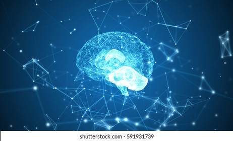 Human brain being formed by particles. Plexus structure evolving around. Blue abstract futuristic science and technology background. 3D rendering. Depth of field settings.
