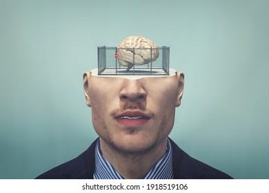 Human brain in a cage . Closed mind concept . Limited thinking and anxiety . Mental illness . This is a 3d render illustration . 