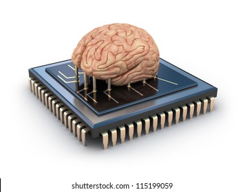 Human brain and computer chip, 3D concept