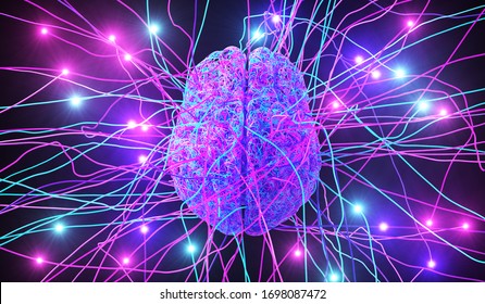  Human Brain Consisting Of Colored Wires Surrounded By Neural Threads. 3D Illustration.