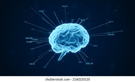 Human Brain With Data Number Analysis Computation, Neural Network Connections In Digital Artificial Intelligence Computer, Abstract Deep Learning Research 3d Technology Illustration