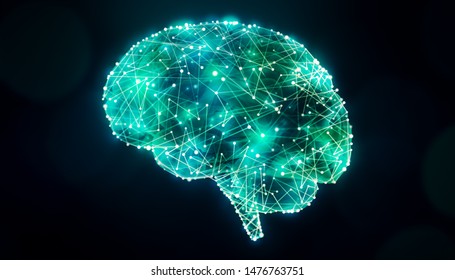 Human Brain Design With Bright Glowing Plexus Lines Network. Science, Neuroscience, Psychology And Cognition Concept Illustration.