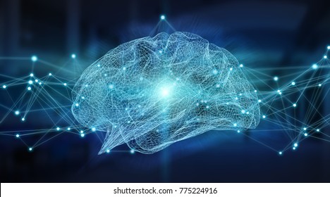 Human brain digital x-ray on server background 3D rendering