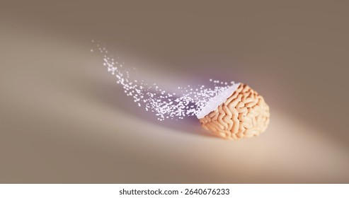 A human brain dissolving into digital particles, symbolizing memory loss, AI transformation, or fading thoughts. Conceptual 3D illustration for science, dementia, or data consciousness themes.
