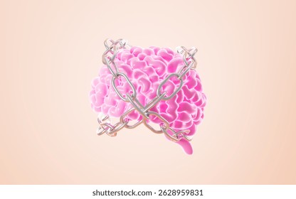 The human brain is entangled in chains, The concept of solidified thinking, 3d rendering. 3d illustration.