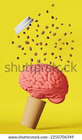 Human brain floating coffee beans explosion paper cup 3D rendering yellow. Energy charge creative idea imagination solution concept. Memory improvement mind boost. Caffeine hot drinks health benefits.
