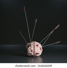 Human brain full of bow spears . Mental illness and anxious thoughts concept . The consequences of brainwashing.This is a 3d render illustration .