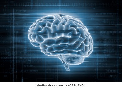 Human brain with glitch effect on blue background and it or binary code 3D rendering illustration. AI or artificial intelligence, technology or tech, computer science concepts.