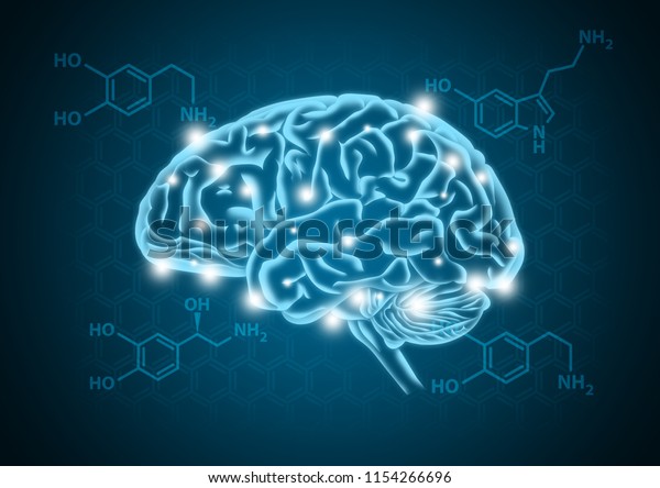 Human brain illustration with hormone\
biochemical concept\
background
