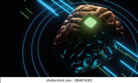 Human brain with microchip. Artificial intelligence and machine learning concept 3d illustration.