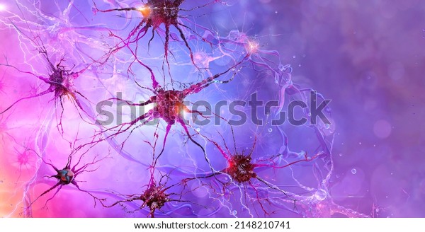 Human brain neural network, active neuron cells,\
knots, axons, synapses; nervous system 3D background. Nerve cells\
electrical activity. Biology, neurology science, cognition,\
psychology, mental\
health