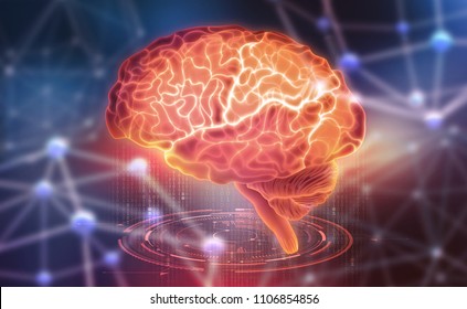 Human brain. Neural networks and artificial intelligence. Creating a computer mind. 3D illustration of the application of innovation in science