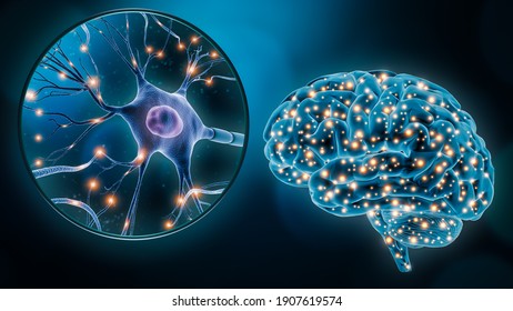 Human Brain Neuronal Stimulation Or Activity With The Close-up Of A Neuron Cell 3D Rendering Illustration. Neuroscience, Neurology, Medicine, Science, Cognition, Intelligence, Psychology Concepts.