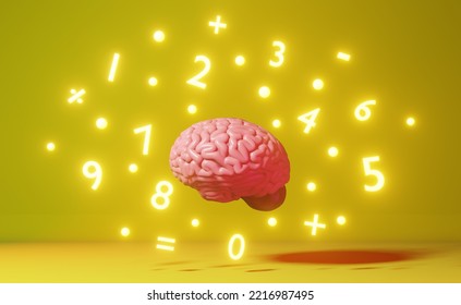 Human Brain Numbers Math Symbols Yellow Background 3d Rendering. International Day Of Mathematics Science Algebra Learning Skills Education Memory Improvement Calculus Analysis Operations Memorization