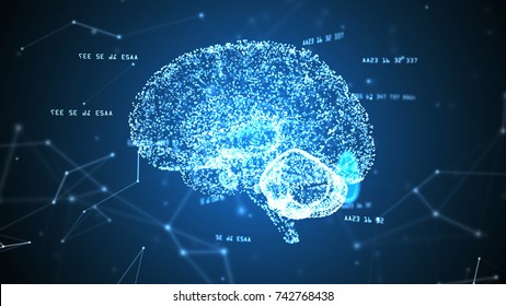 Human brain, plexus structure and digits orbiting around. Blue abstract science and technology background. 3D rendering. Depth of field settings.