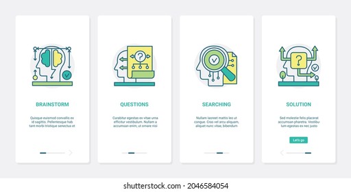 Human Brain In Process Of Searching, Asking Questions  Illustration. UX, UI Onboarding Mobile App Page Screen Set With Line Brainstorm Solution Symbols, Mental Work And Search On Problem Solving