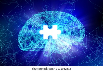 Human brain and puzzle for Alzheimer's disease in the form of artificial intelligence for technology concept, 3d illustration