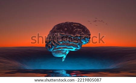 human brain side view hovering over the horizon of the sea at sunset. 3d rendering