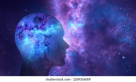 Human brain in sync with the universe, perhaps looking into the future. Fractal art with copy space. The space backgrounds are also available separately - search Images for 2202542957 and 2200360397.