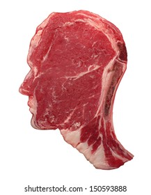 Human Carnivore Food Concept As A Red Meat Steak Shaped As A Head In A Symbol Of Agriculture Diet And Nutrition From Animal Flesh As A Source Of Protein And Thinking About The Risks And Benefits.