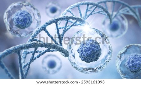 Human cell or Embryonic stem cell with DNA Structure, 3d illustration.